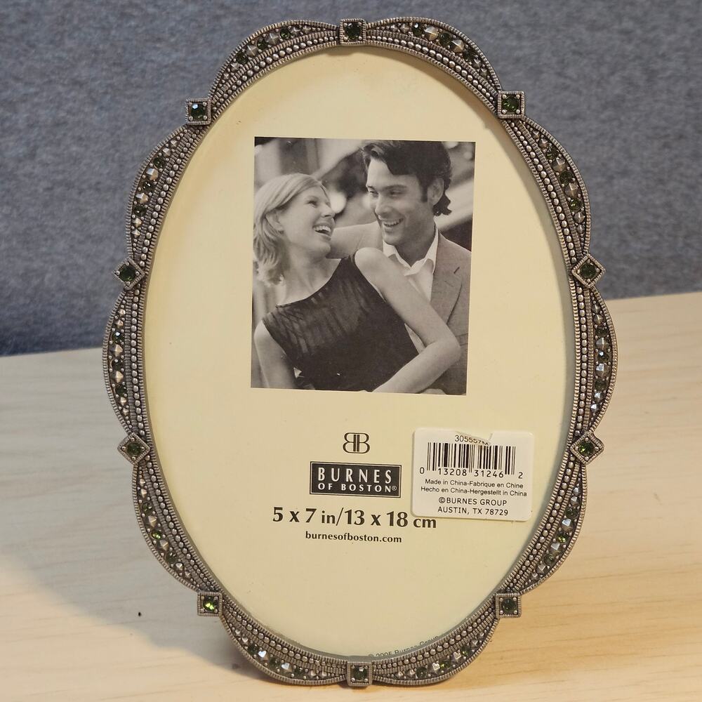 VTG Burnes Boston 5x7 Oval Jeweled Picture Frame Antique Silver Crystal Accents